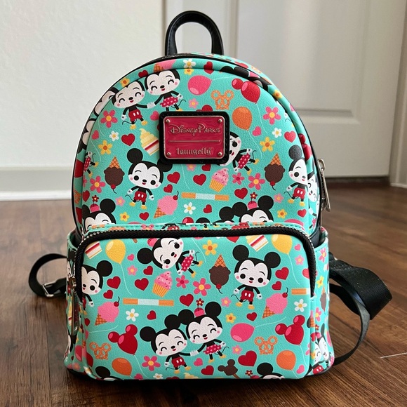Loungefly Disney Parks Mickey Minnie Mouse Chibi Teal Blue Snacks Mini Backpack